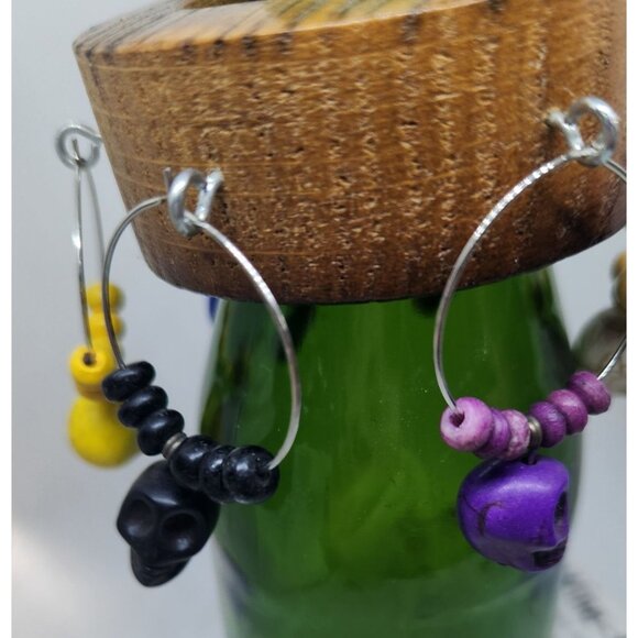 Skull Colorful Wine Glass Charms Set - 6  Themed Unique Charms With Beads & Wood - Picture 10 of 14